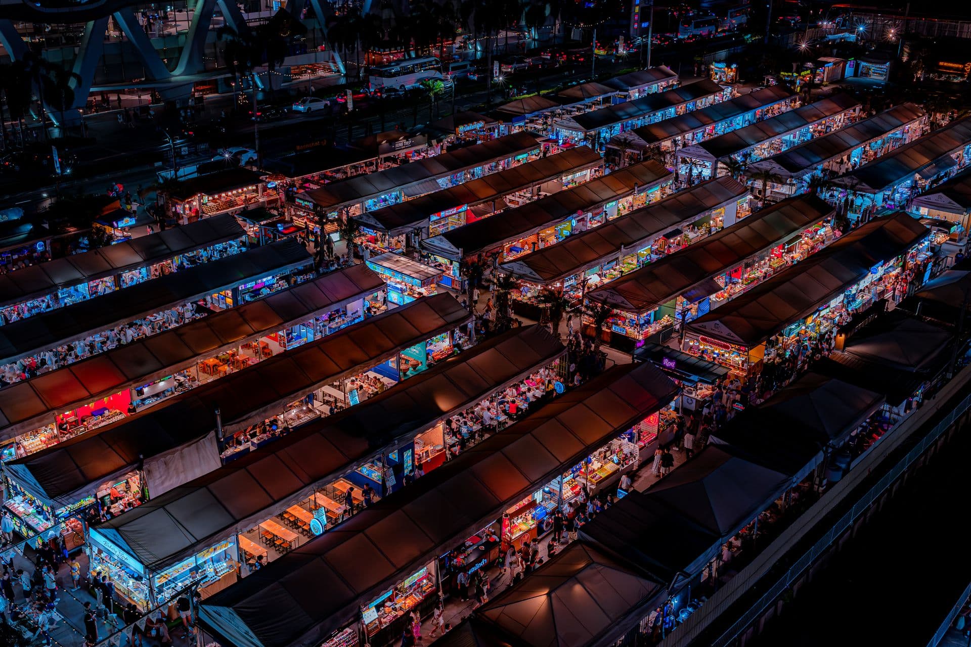 Festival event booths under blue sky